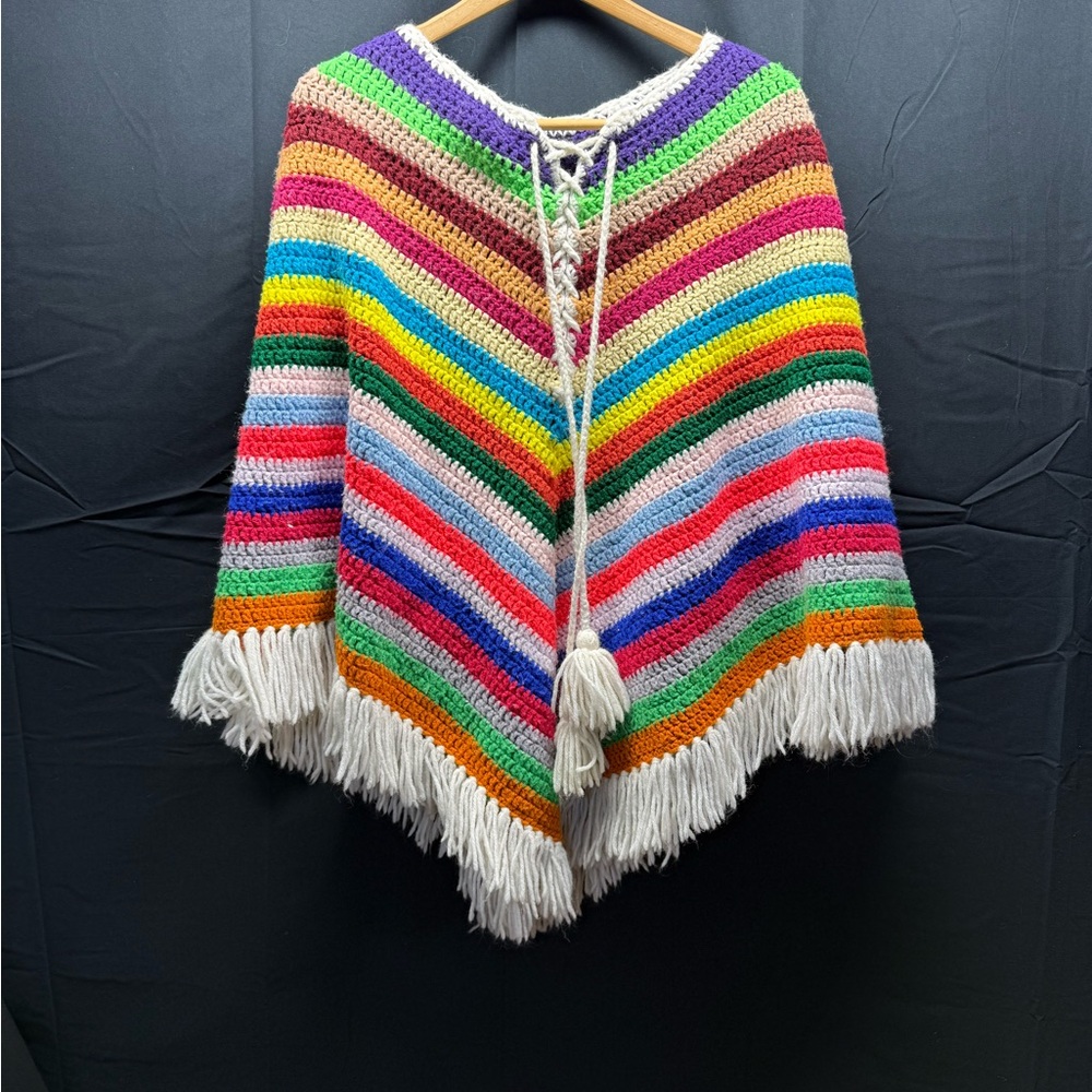 Colorful Striped Heavy Knit Poncho Sz OS (13as)